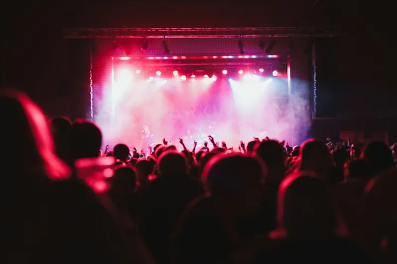 Plateia de show com luzes rosa no palco